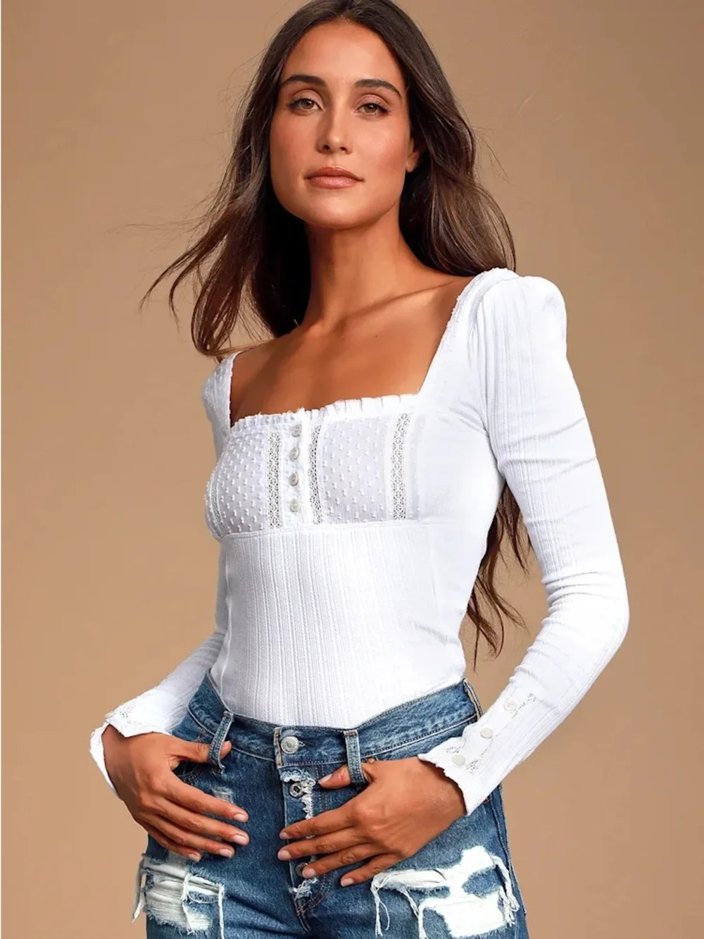 Free People Sugar Sugar White Ribbed Long Sleeve Top Size Small